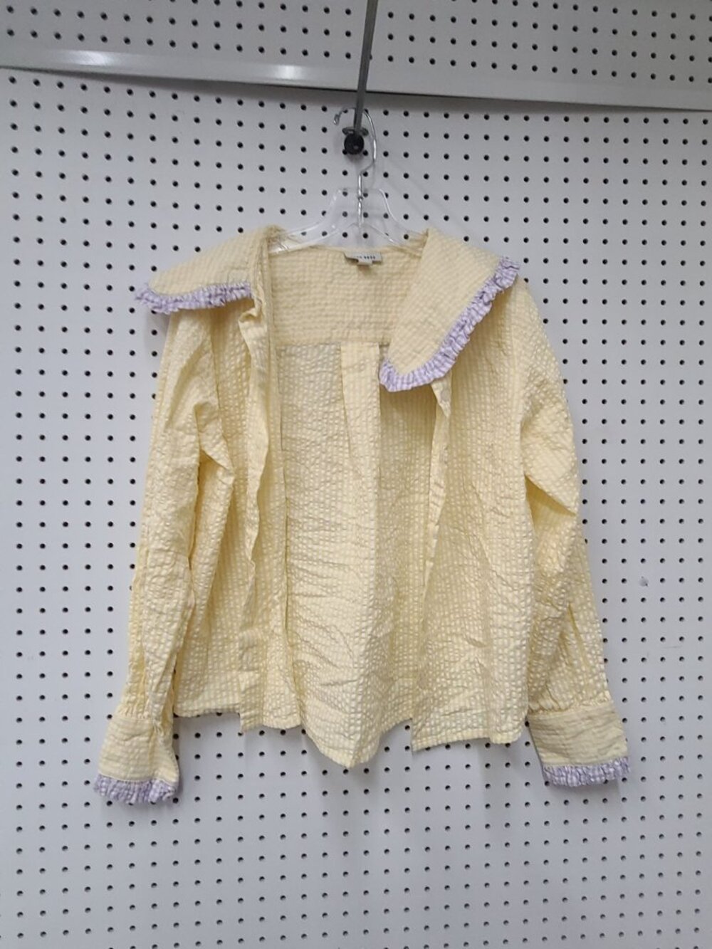 Neon Rose Yellow Seersucker Ruffle Collar Blouse With Lavender Trim Size S Made